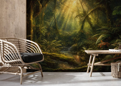 Tropical Jungle Sunrise Nature Mural Wallpaper in living room
