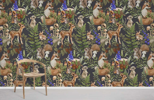 Enchanted Forest Deer Squirrel Mural Wallpaper