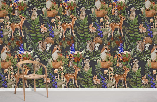 Room with a Mural of Deer and Squirrel on the Wallpaper