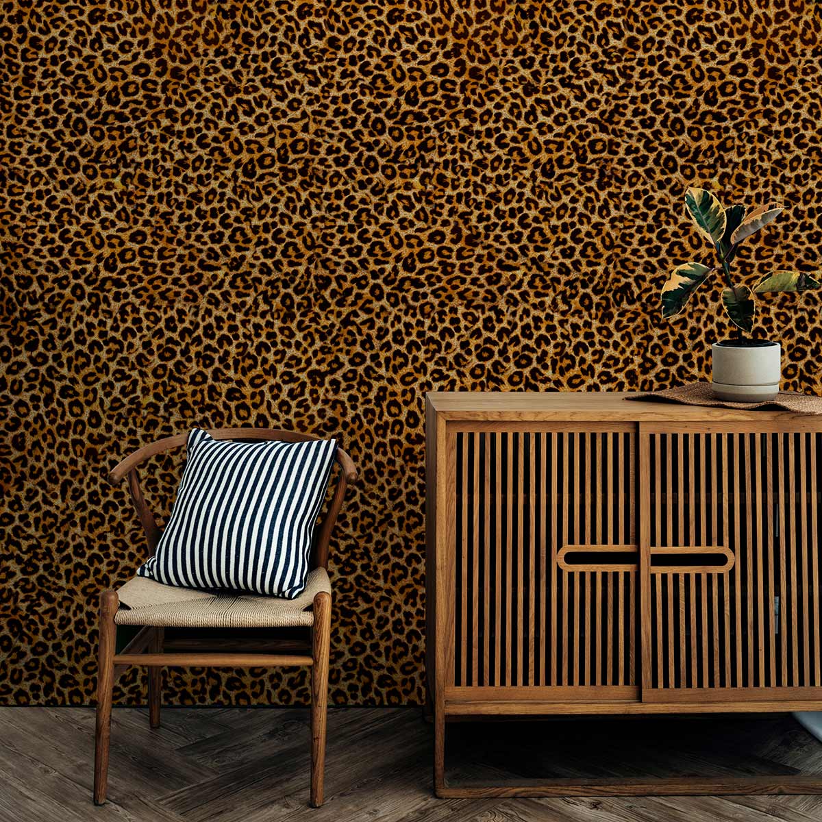 The hallway will have a textural wallpaper mural with a luxurious leopard print.
