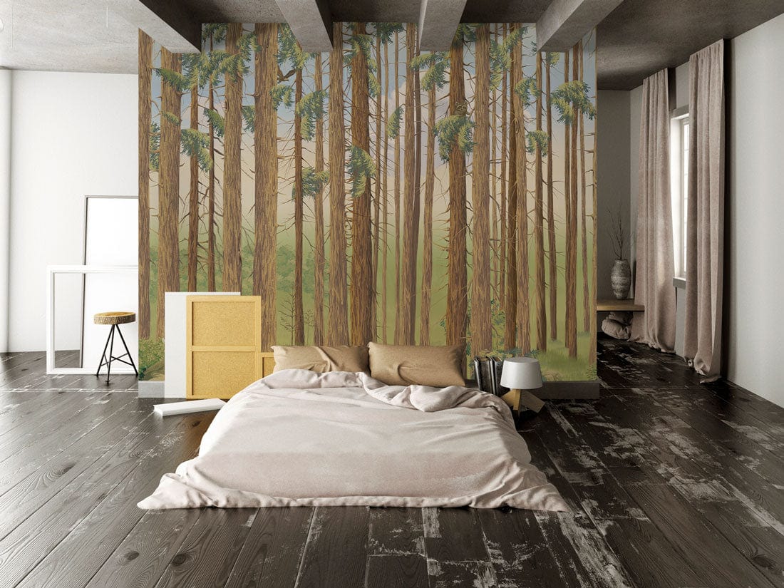 Wallpaper Mural with Thick Tree Trunks for Use in Decorating Bedrooms