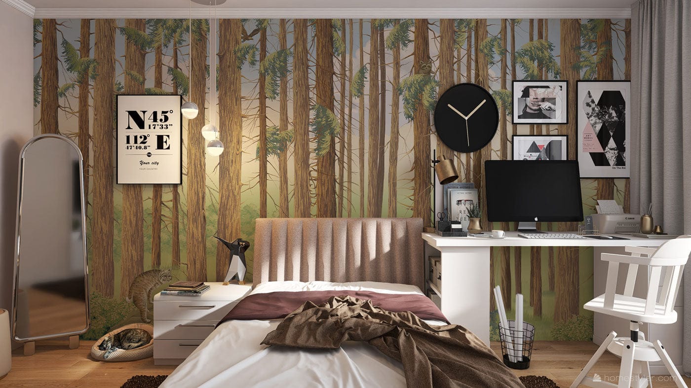 Wallpaper mural with a dense forest of tree trunks, ideal for use in bedroom decor