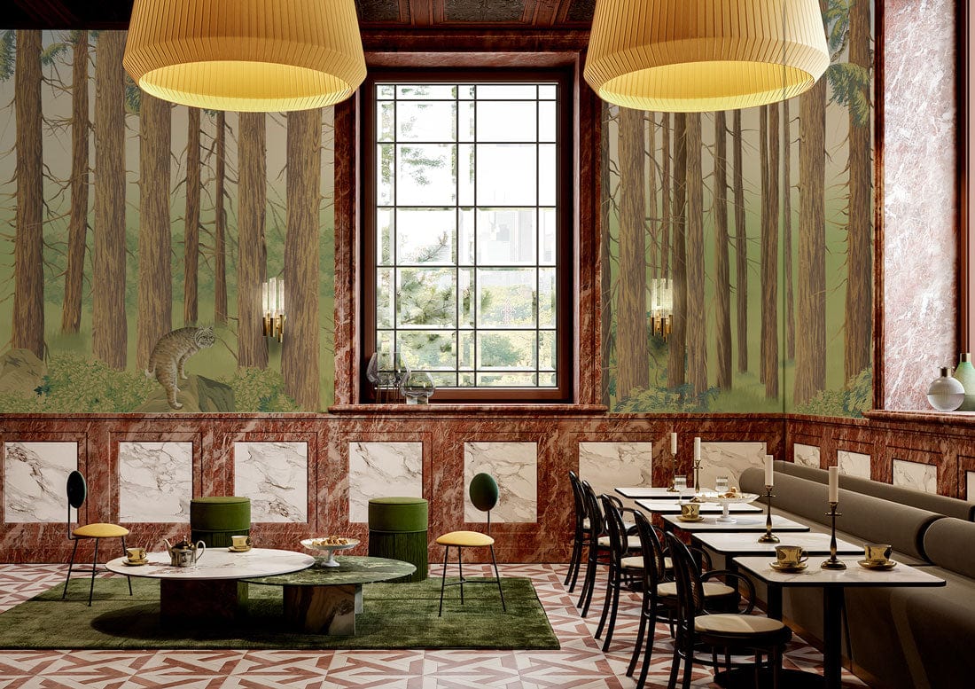 Wallpaper mural with a dense forest of tree trunks, perfect for use in restaurants.
