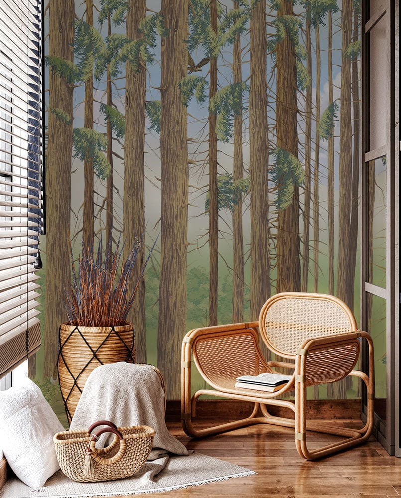 Wallpaper mural with a dense forest of tree trunks, perfect for decorating the living room.
