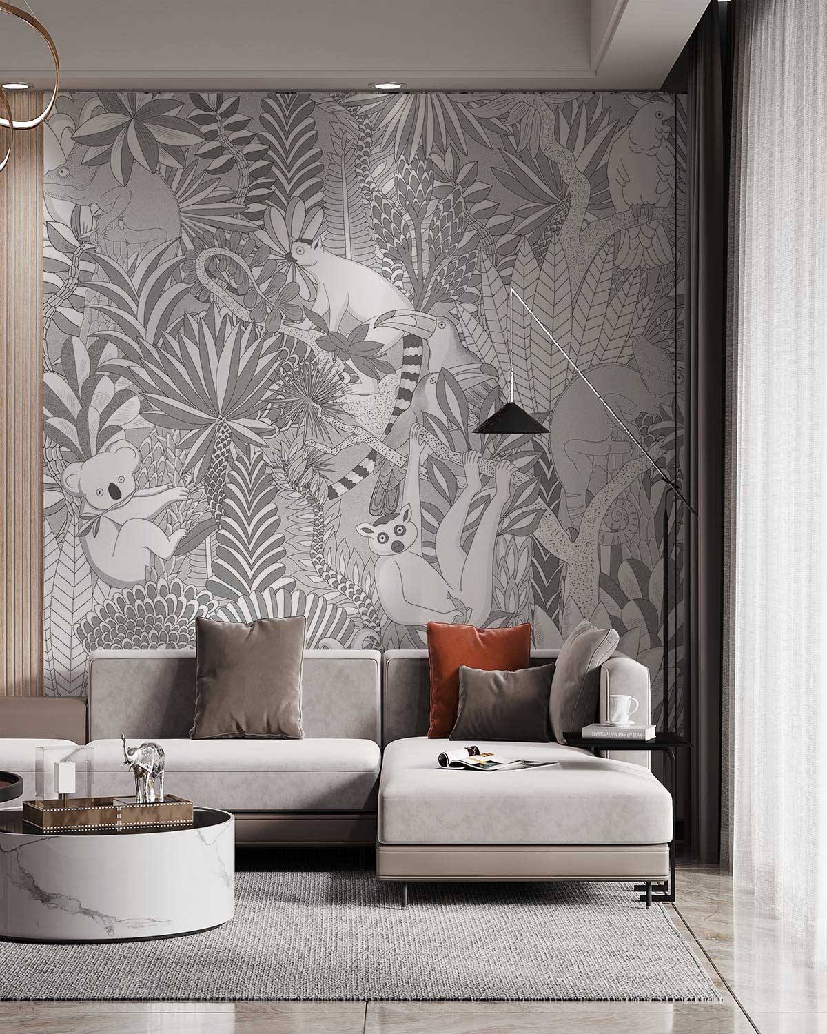 custom gray and white jungles with animals wallpaper mural for living room decor