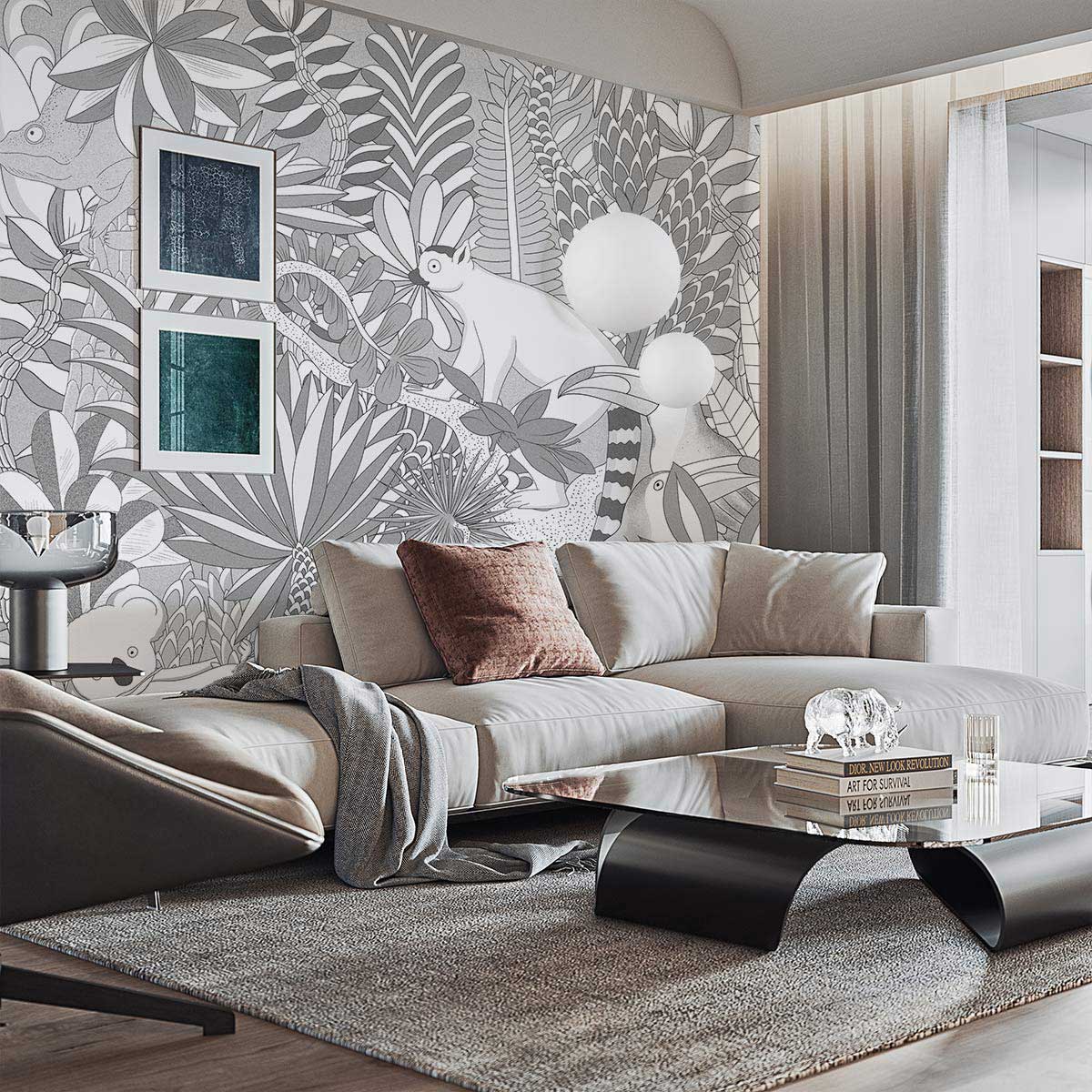 custom gray and white jungles with animals wallpaper mural for living room design