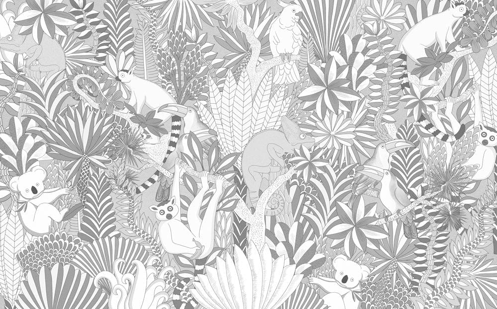 custom gray and white jungles with animals wallpaper mural for home