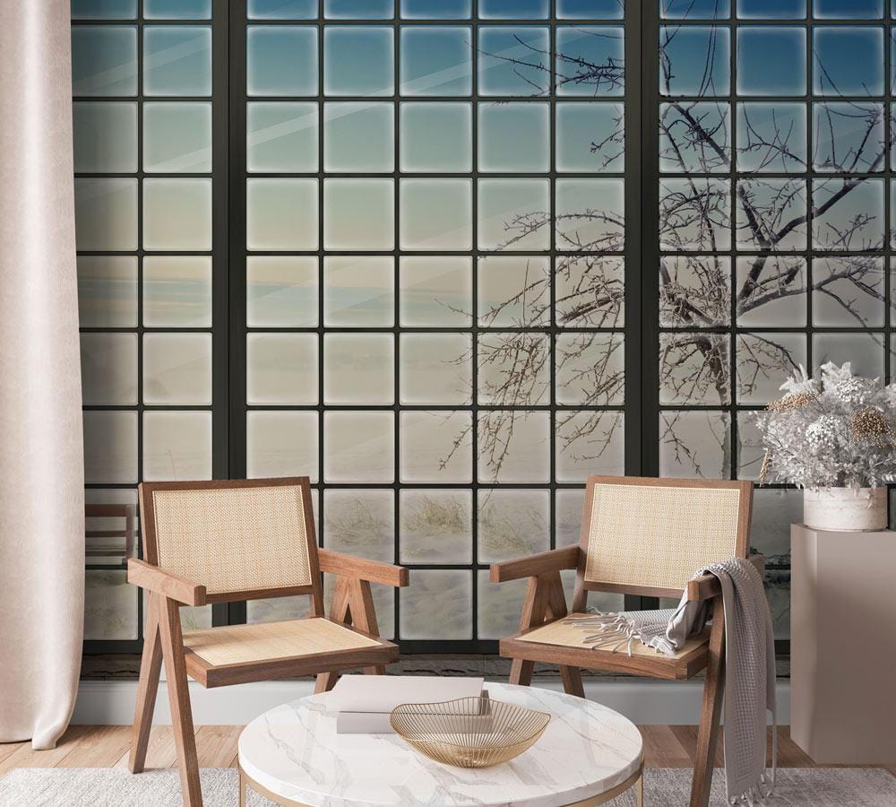 Wallpaper mural with a window in the desert for use in decorating the living room