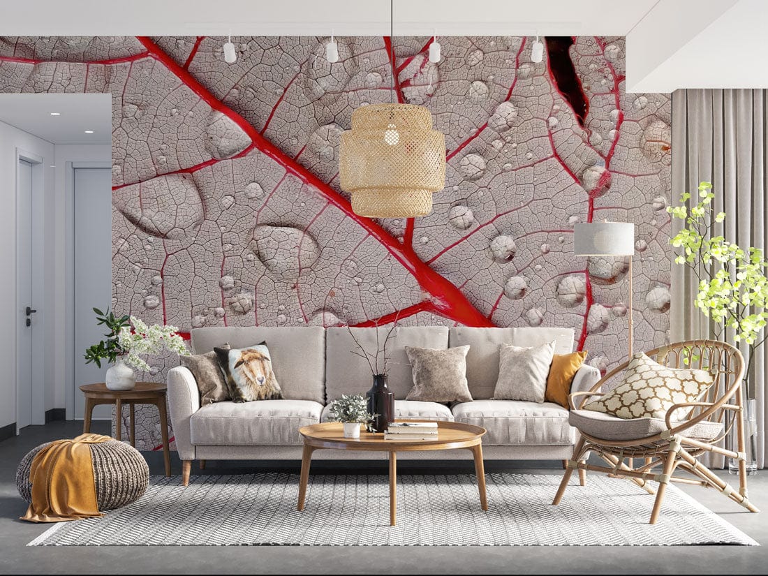 Wallpaper mural featuring dewdrops on red leaves, perfect for living room decor.