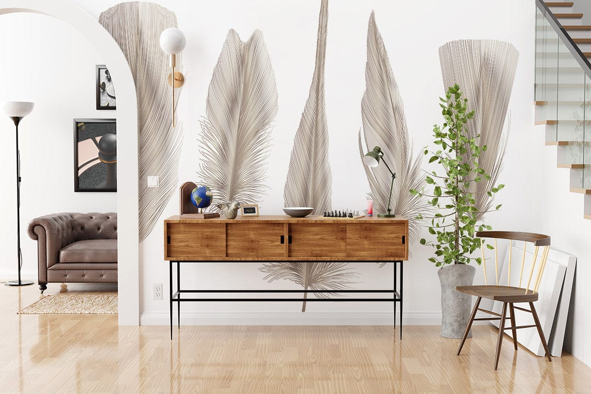 decorative feathers on the walls in a neutral color scheme art that is pleasing to the eye