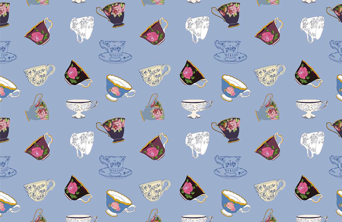 Vintage Teacup Pattern Blue Mural Wallpaper