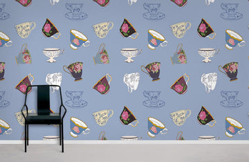 Vintage Teacup Pattern Blue Mural Wallpaper