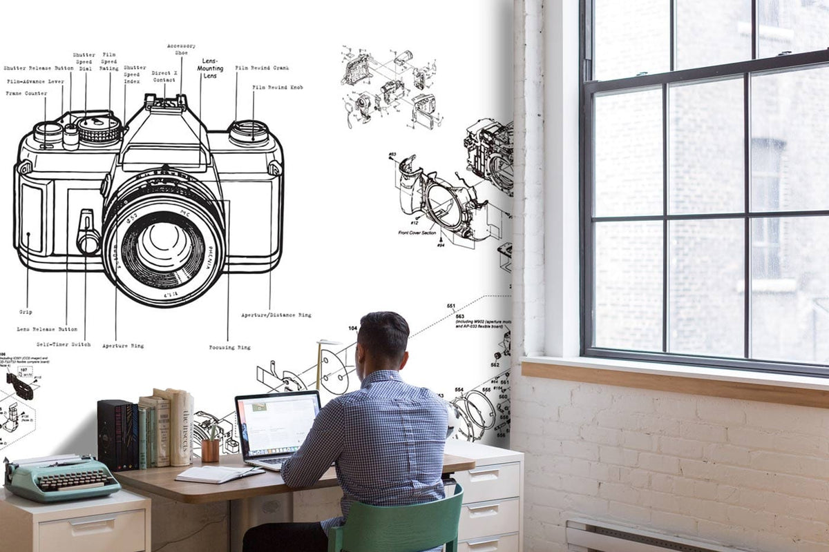 Modern Camera Technical Drawing Mural Wallpaper