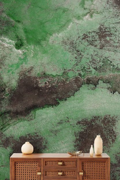 Decorate your hallway with this dilapidated green floor wallpaper mural.