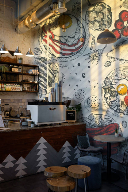 Restaurant Wallcovering Depiction of Dinner Food