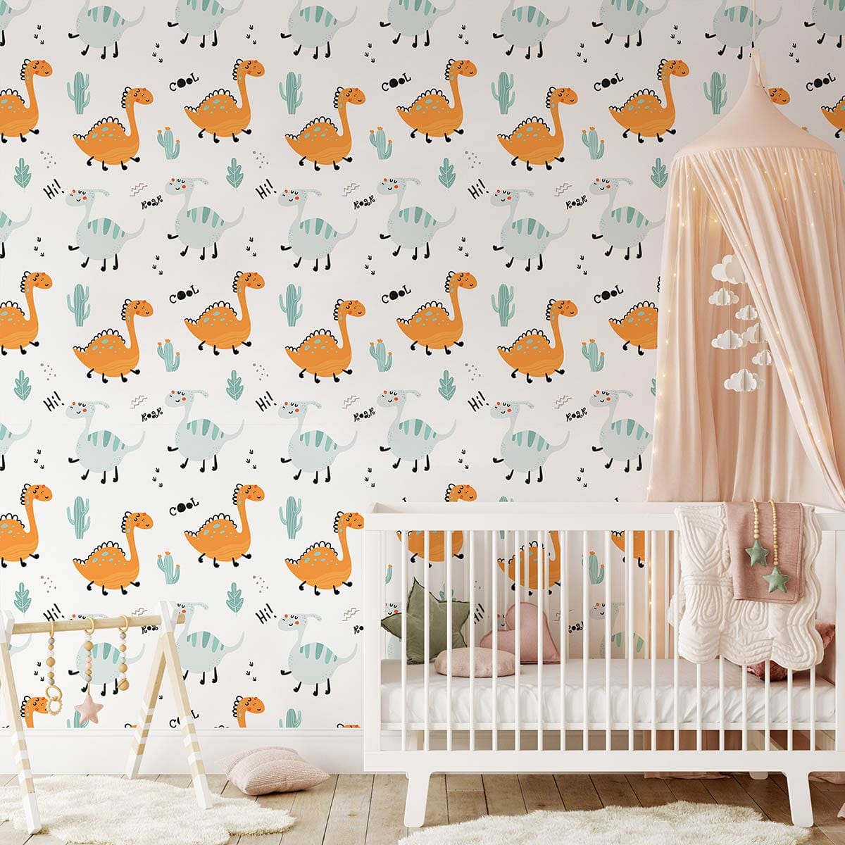 Baby room wallpaper with a dinosaur pattern at a small scale.
