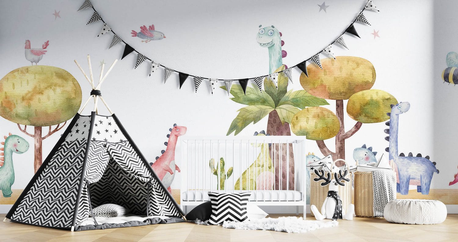 Animal Park Baby Nursery Room Wall Mural with Dinosaurs