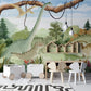 Wallpaper mural featuring dinosaurs in a forest setting, perfect for use as a decoration in a nursery.