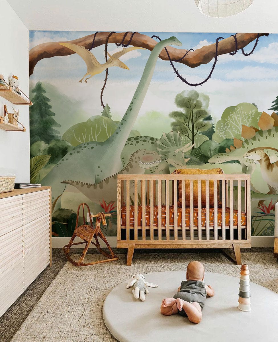 Wallpaper Mural for Nursery Decoration Featuring a Gathering of Dinosaurs in the Forest