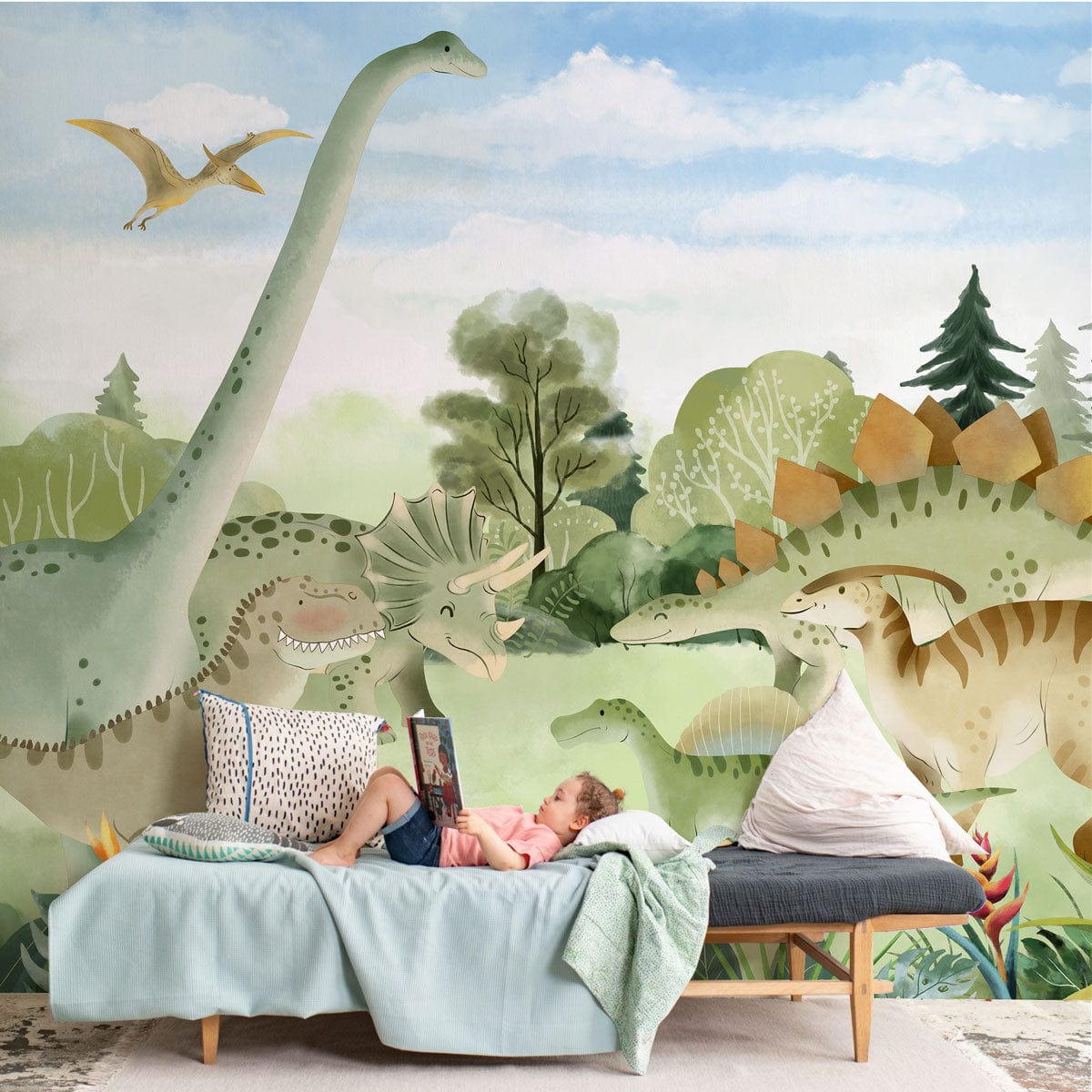 Wallpaper mural featuring dinosaurs engaging in friendly conversation, ideal for use as a decoration in nurseries.