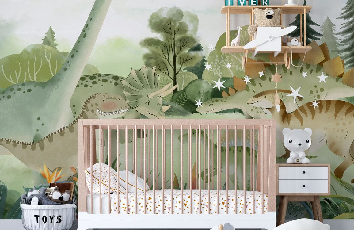 Wallpaper mural featuring dinosaurs engaging in friendly conversation, ideal for use in nurseries.