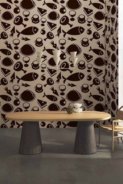 Retro Abstract Geometric Brown Mural Wallpaper in dining room