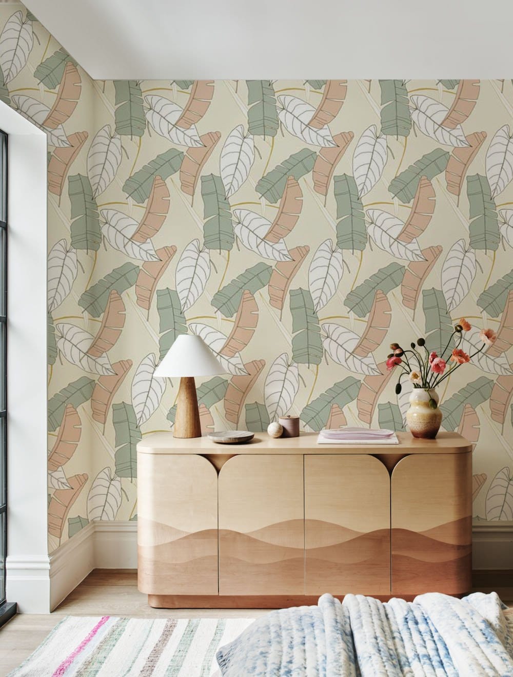 Banana Leaf Wallpaper Mural in Soft Colors, Perfect for Decorating a Bedroom