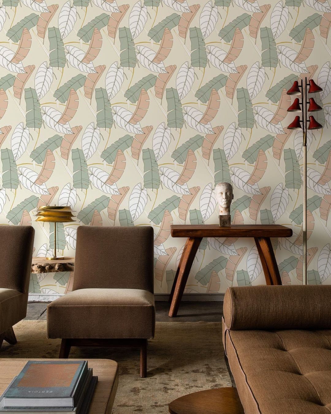 Wallpaper mural featuring a pastel banana leaf design for the living room decor