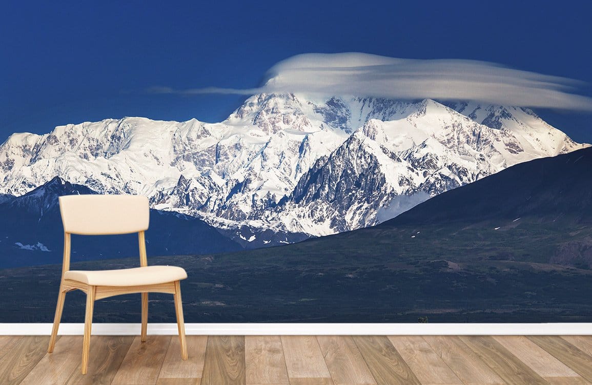 Wallpaper mural featuring snowy mountains in the distance, perfect for home decor.