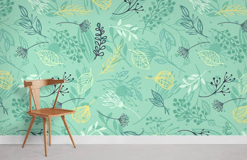 Botanical Sketch Teal Floral Mural Wallpaper