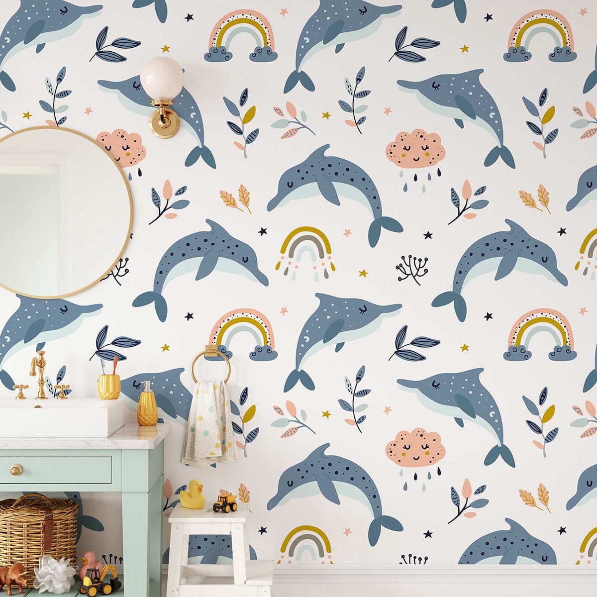 decorative wall painting of a blue dolphin dreaming between leaves