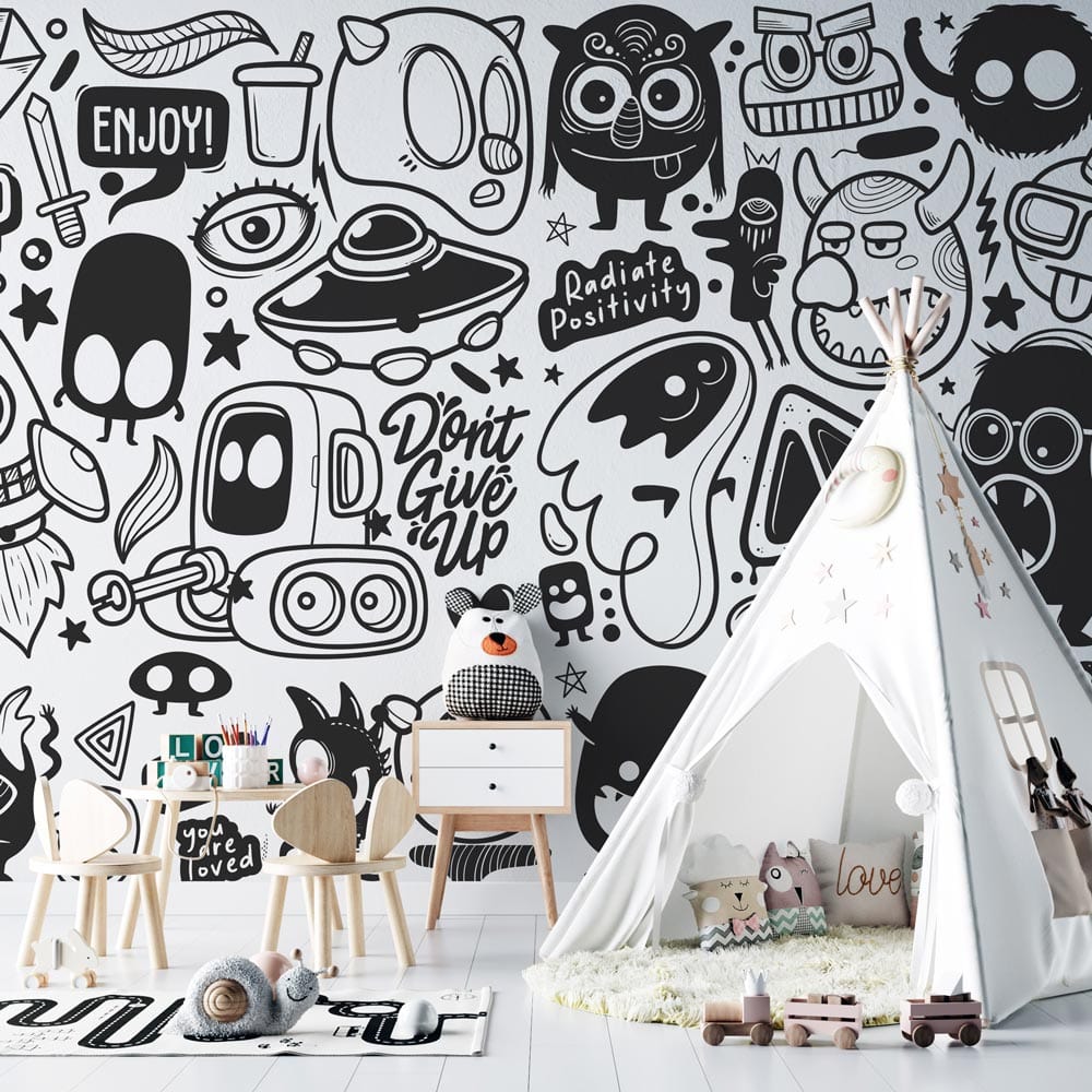 stange doodle of monsters and aliens kids room wallpaper