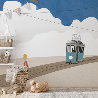Wallpaper of a train in the skyline for the nursery
