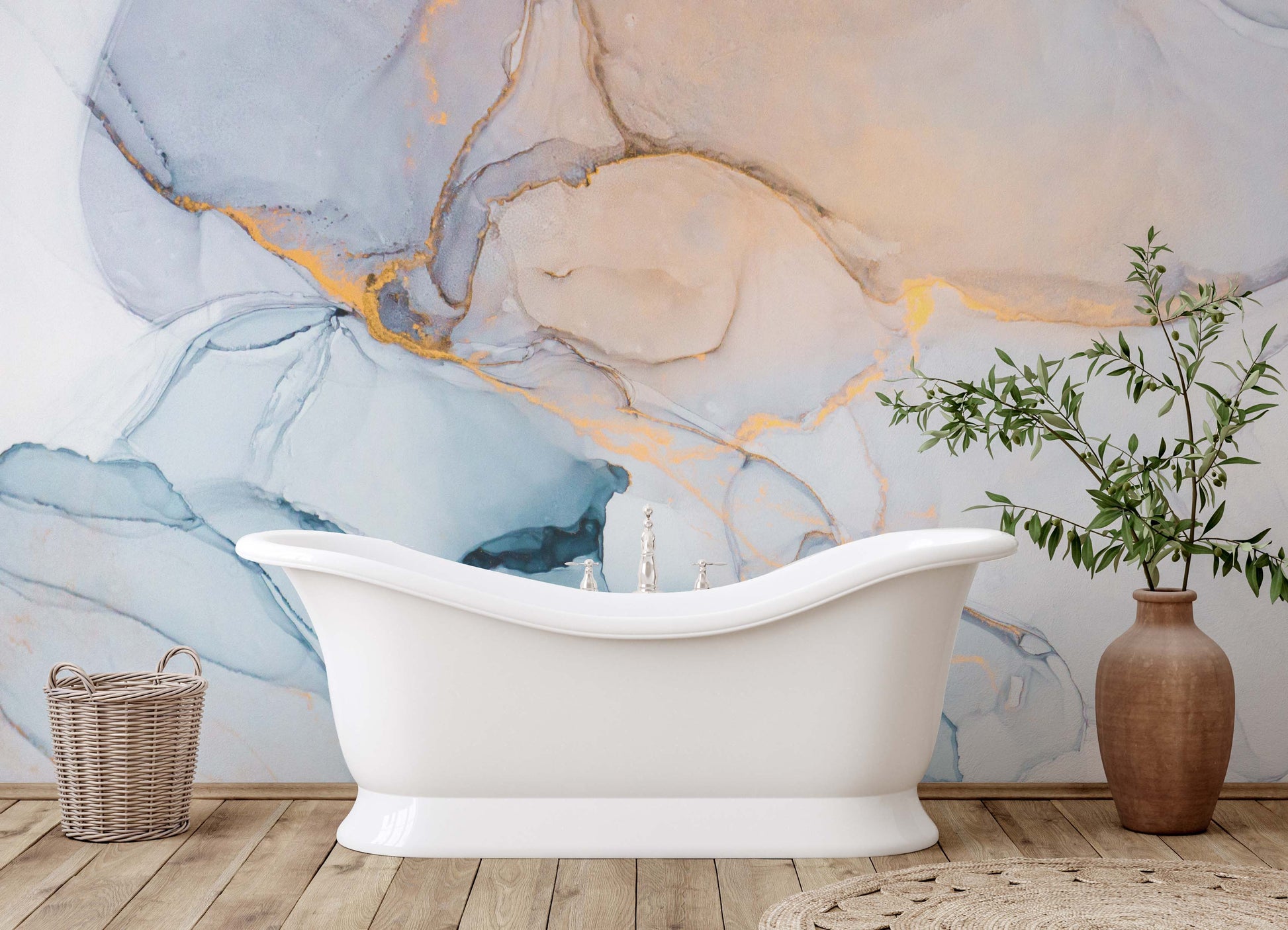Bathroom Wall Mural with Blue and Gold Marble Wallpaper