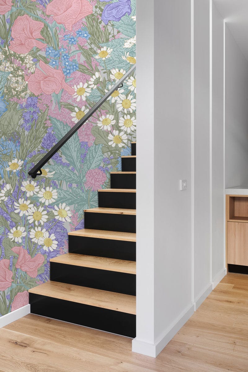 Hallway Decoration Featuring a Wallpaper Mural Featuring Dreamy, Dense Flowers