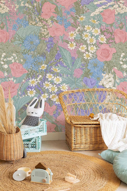 Wallpaper mural featuring a dreamy arrangement of dense flowers for use in decorating nurseries