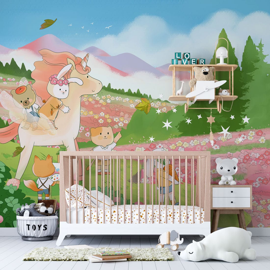 colorful forest animal wall mural kids room design