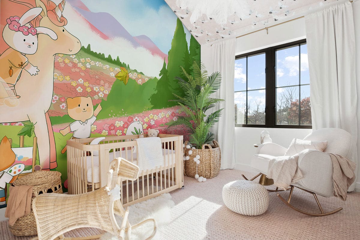 colorful forest animal wall mural playroom decor idea
