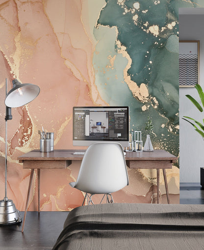 Wallpaper Mural with Pink and Gold Swirls for Home Office Decor