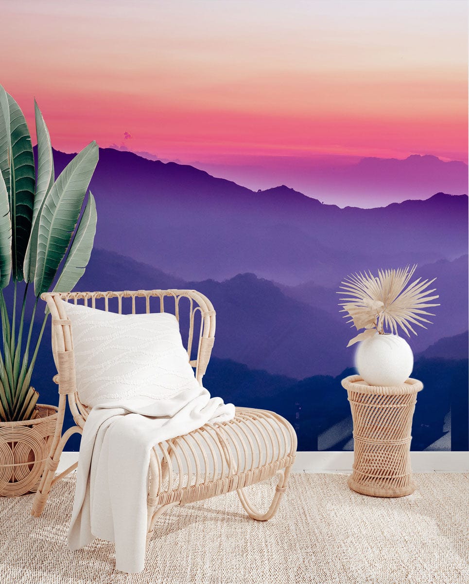 Wallpaper mural with an ethereal dreamscape of purple mountains for the hallway's decor.