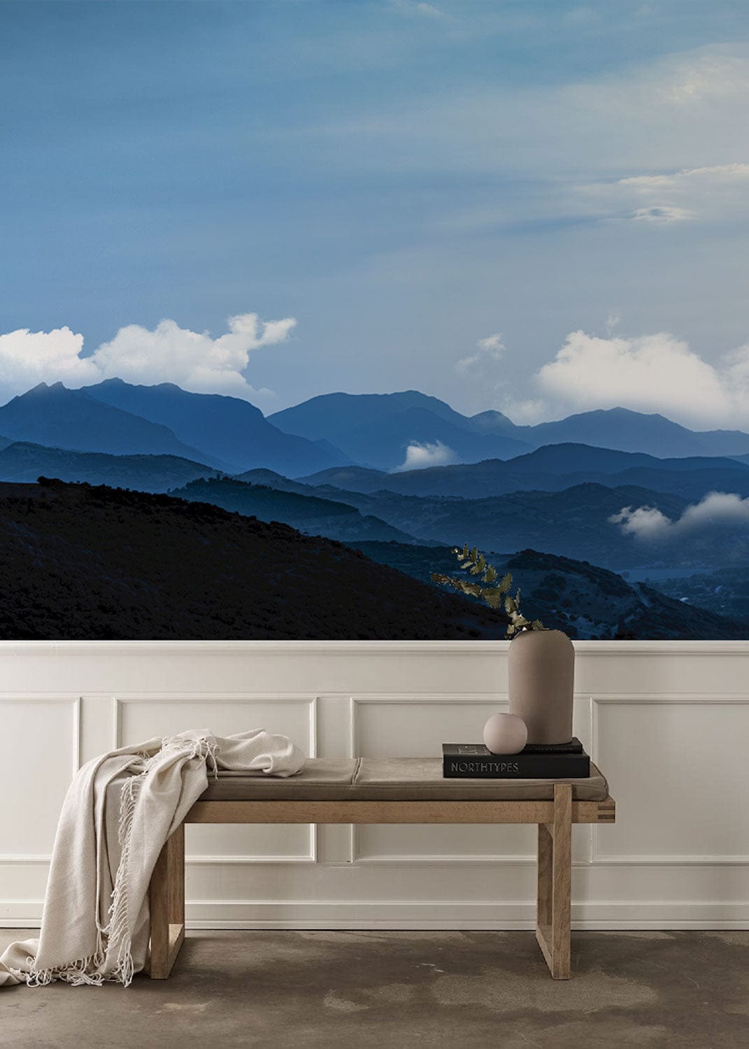 Wallpaper mural with shifting mountain ranges, perfect for use as a hallway decoration