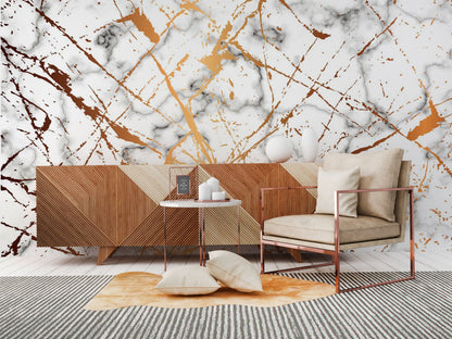 Living Room Decoration Featuring Marble Patterned Wallpaper Mural in Dye
