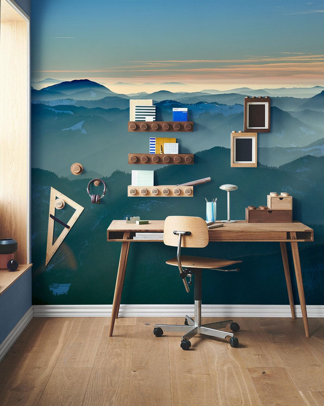 Wallpaper mural with early morning mountain landscapes, perfect for decorating your office.