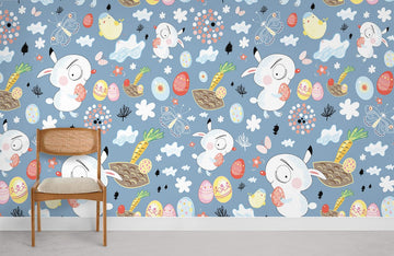Whimsical Easter Bunny Kids Mural Wallpaper