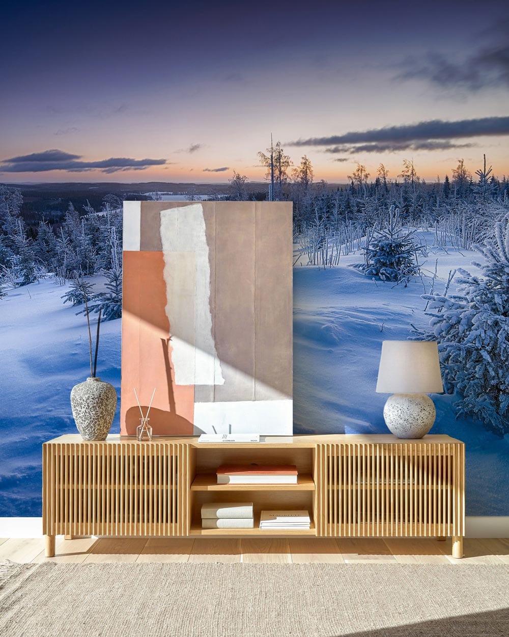 blue snowy landscape mountains and trees custom wall mural