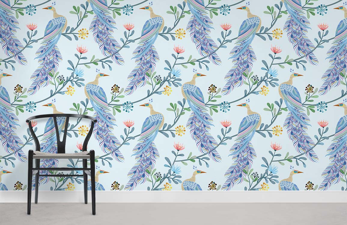 Elegant Peafowl Mural Wallpaper Room Decoration Idea