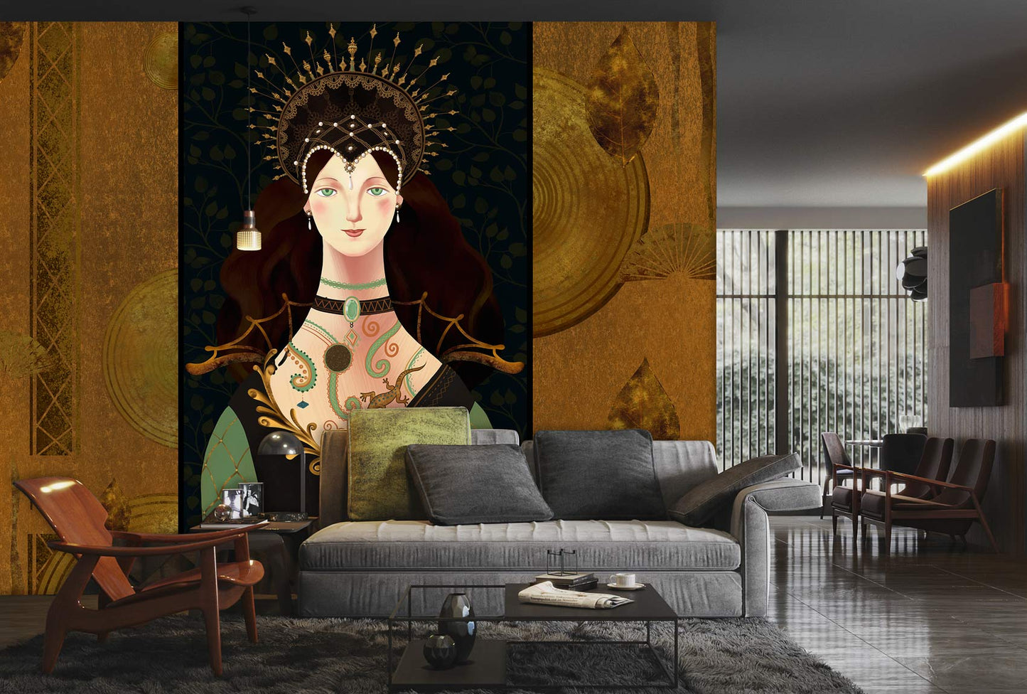 Regal Gold Art Deco Mural Wallpaper in living room