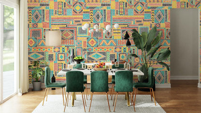 Geometric Tribal Patterned Mural Wallpaper in dining room