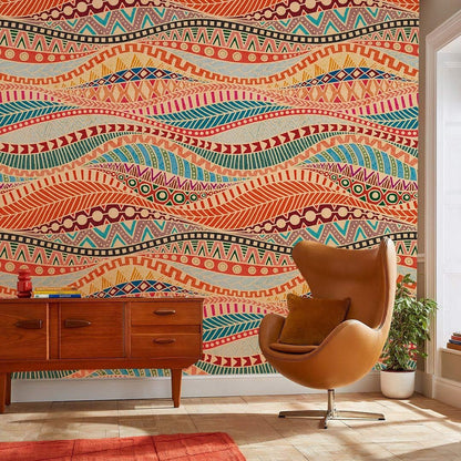 Boho Chic Geometric Wave Mural Wallpaper in living room