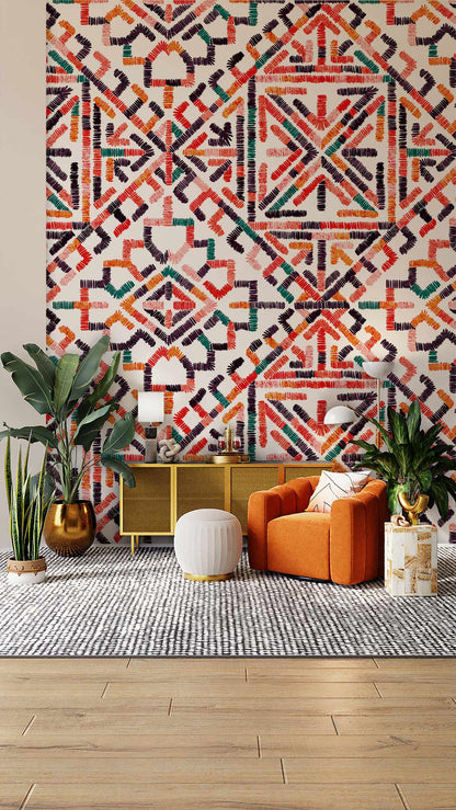 Colorful Geometric Boho Wallpaper Mural in living room